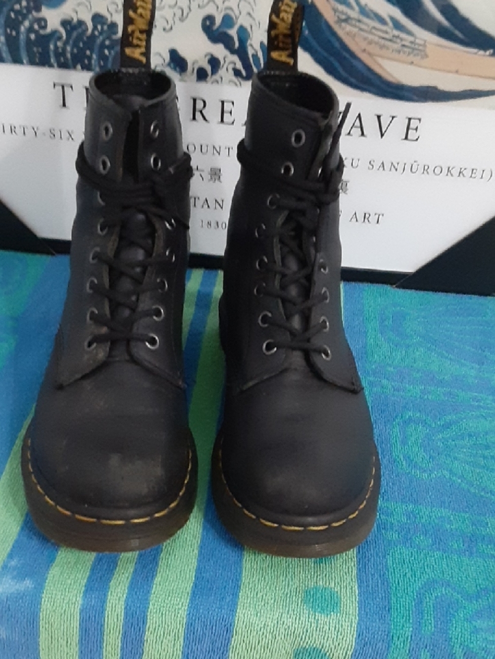 Dr. Martens Black Leather Lace-Up Ankle Boots with Yellow Stitching